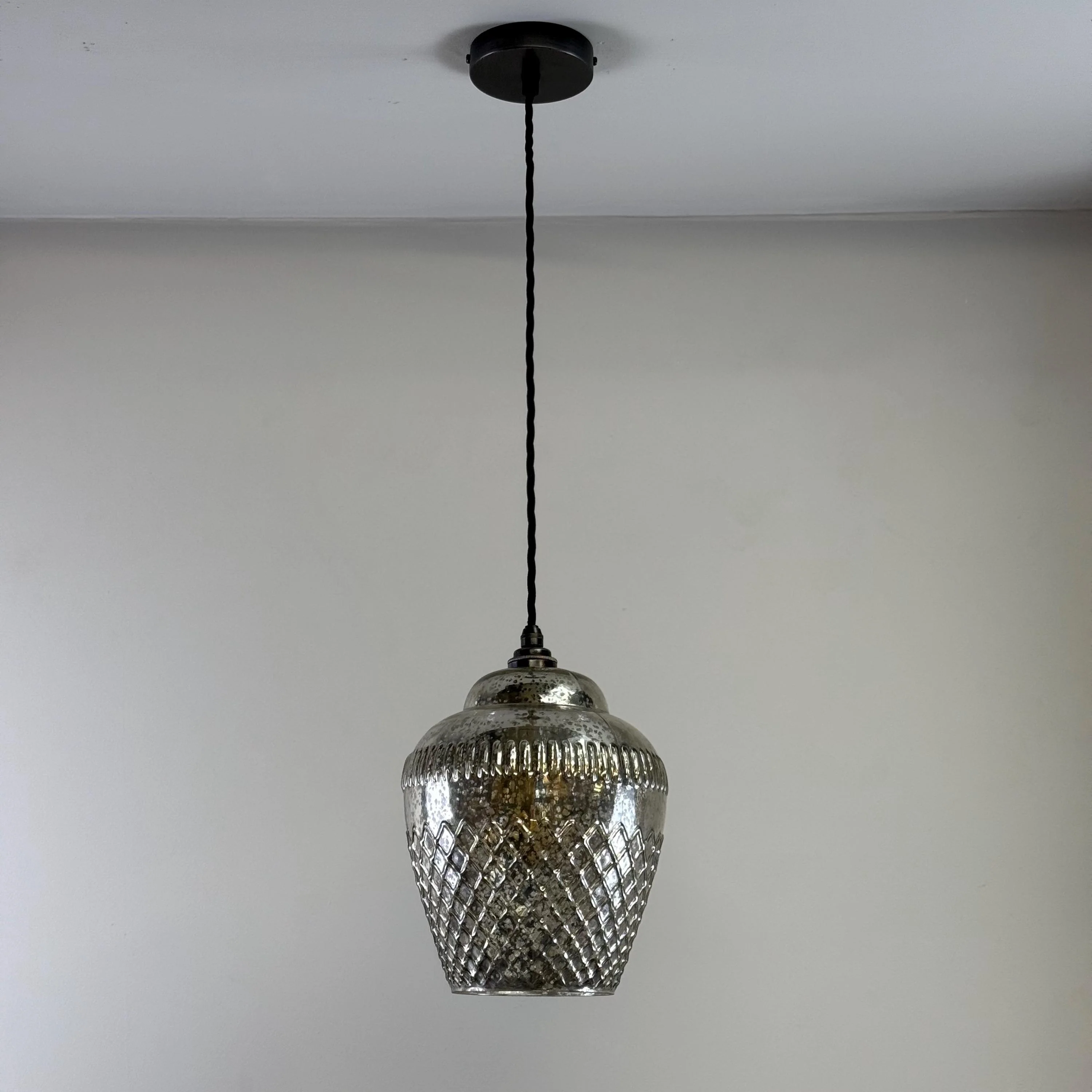 Vintage Mercury Glass Pendant Light Handcrafted Diamond Cut Hanging Lamp - Image 7