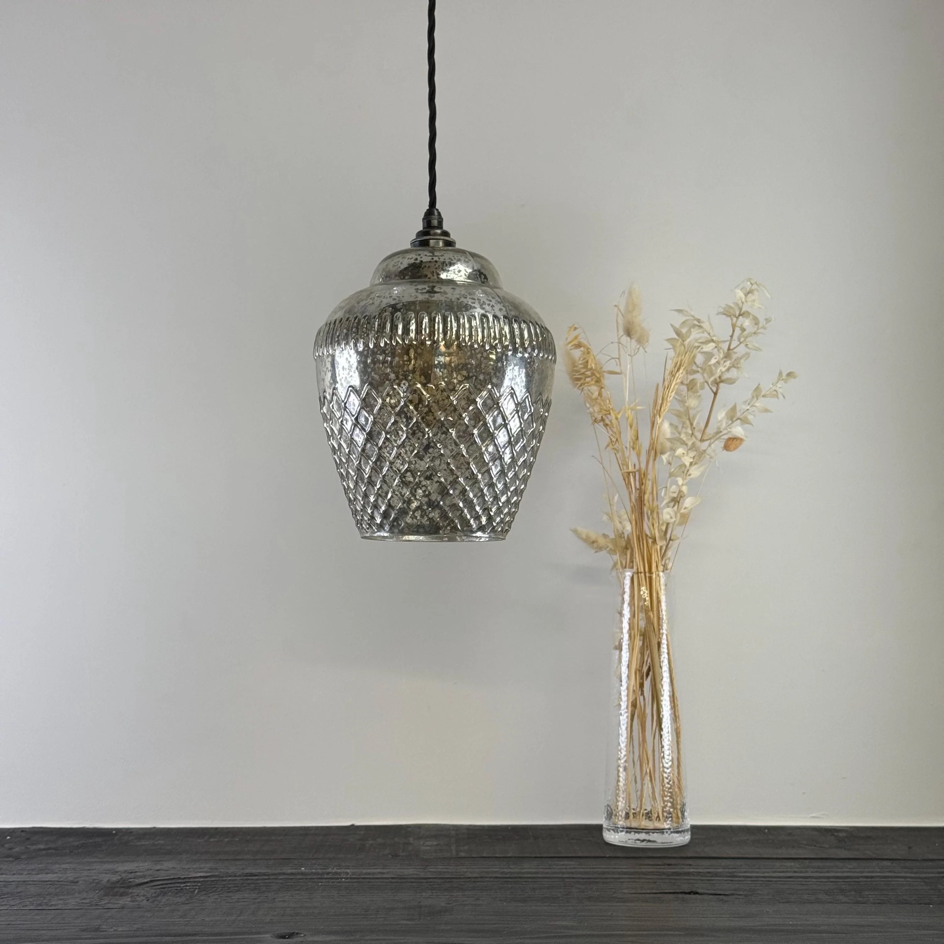 Vintage Mercury Glass Pendant Light Handcrafted Diamond Cut Hanging Lamp - Image 8